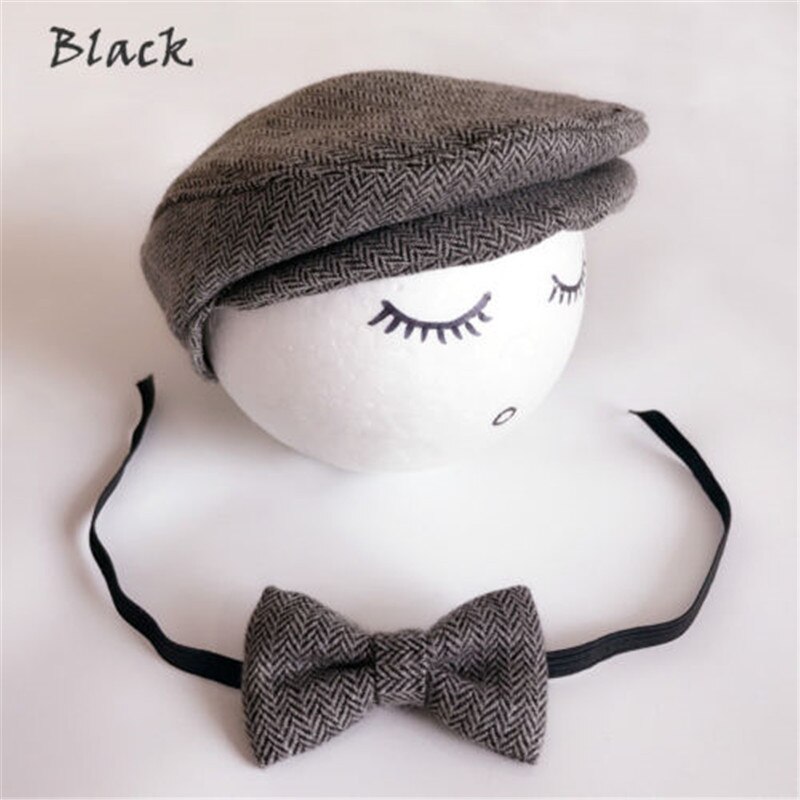 Newborn Baby Peaked Beanie Cap Hat + Bow Tie Photo Photography Prop Outfit Set Little Gentle Man Cap Baby Accessories