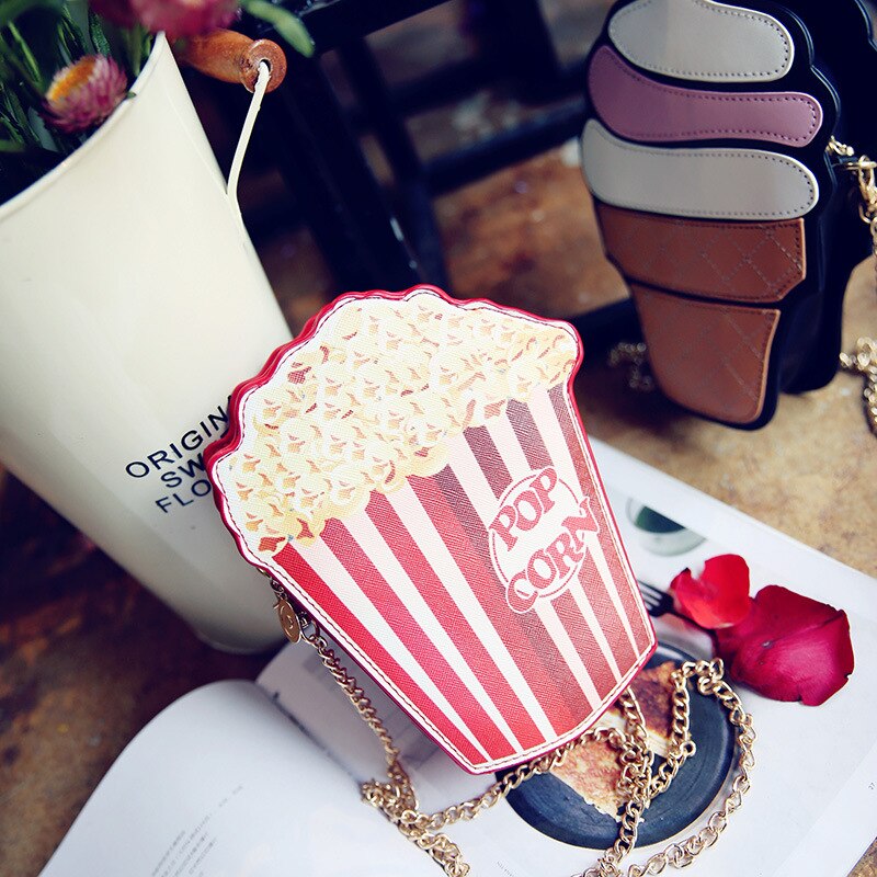 Leuke Cartoon Vrouwen Ijs Mini Bags Kleine Keten Clutch Crossbody Meisjes Schouder Tas Fruit Kleuren Popcorn Cake Zakken: Pop Corn