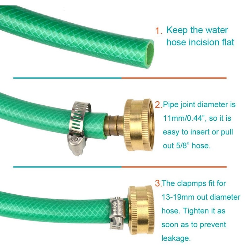 3 Sets Brass 1/2 inch Garden Hose Mender Repair Male Female Connector with Stainless Clamps