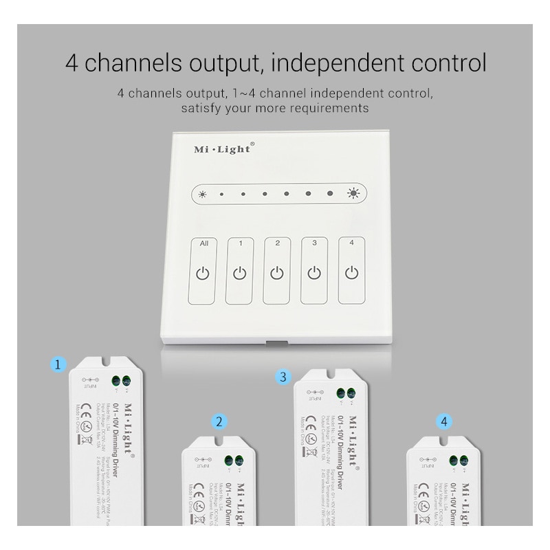 Miboxer L4 AC100 ~ 240V 4 canales de salida, control independiente, montado en la pared 4 canales 0 ~ 10V led Panel de atenuador de luz para lámpara de luz led