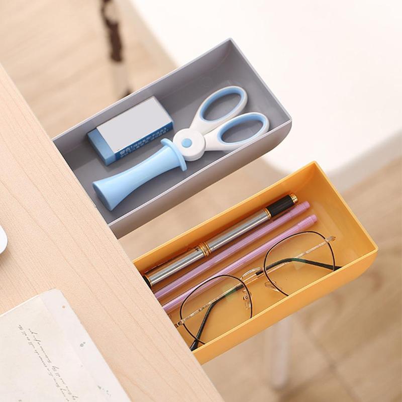 1PC Drawer Storage Box Paste Style Office Stationery Kitchen Makeup Organizer Desk Storage Drawer Under Self-adhesive F6Q9