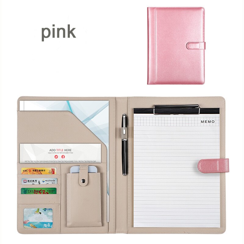 high-level A4 filing folder for documents business contract conference folder holder with notepad paper clip mobile pocket 1314A: pink