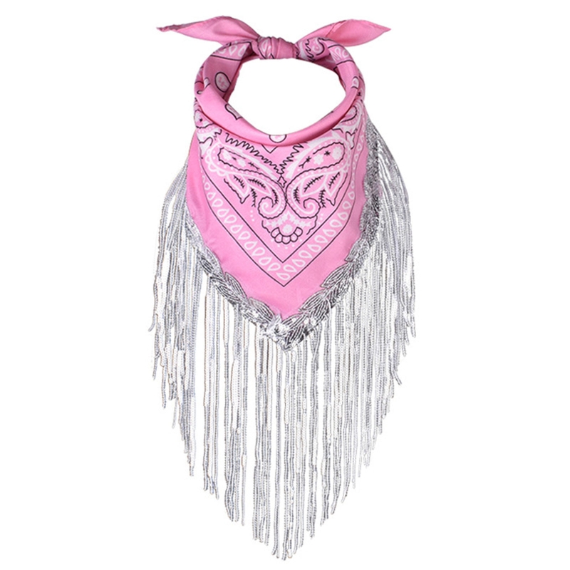 Cowgirl Bandanas Sequin Women Bachelorette Bandanas Tassel Trim Head Scarf Cowgirl Fringe Bandanas Neckerchief Bandanas: Pink