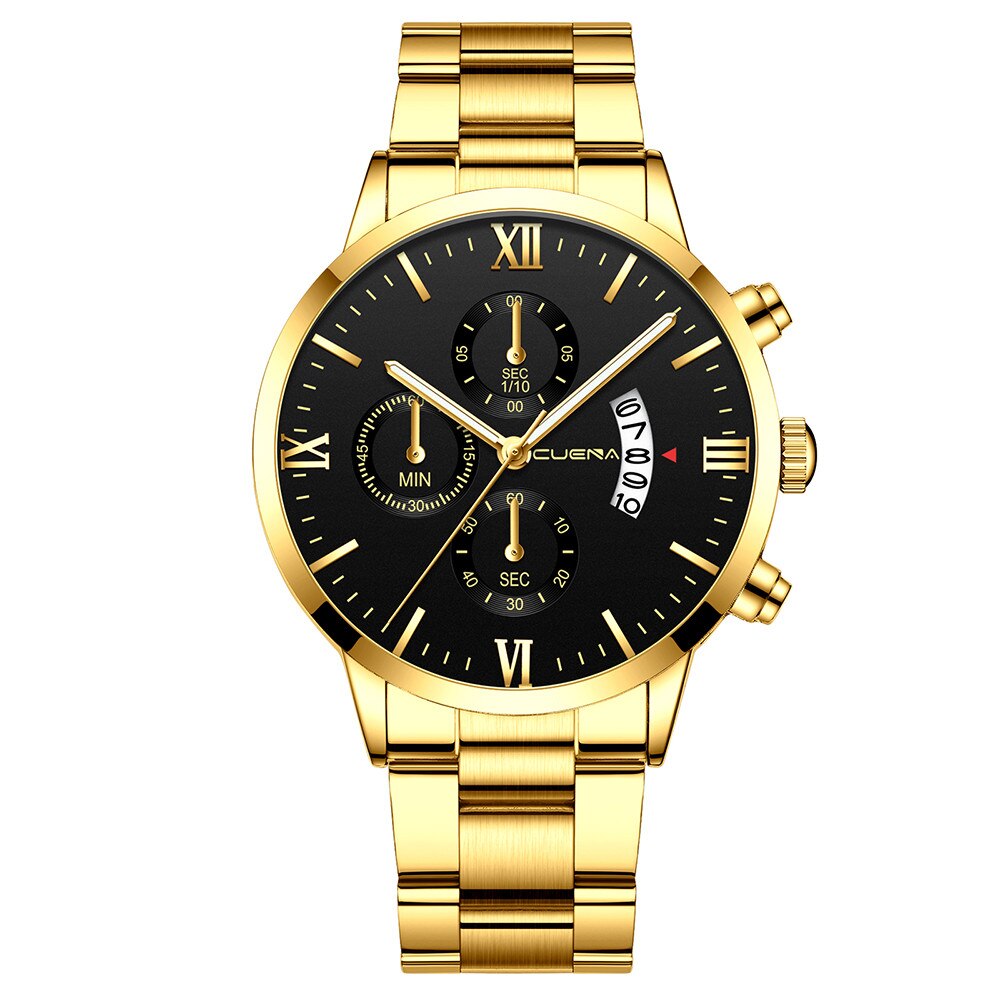 Cuena-reloj con correa de acero para hombre y mujer, cronógrafo de cuarzo con tres ojos, calendario de seis piezas,: J