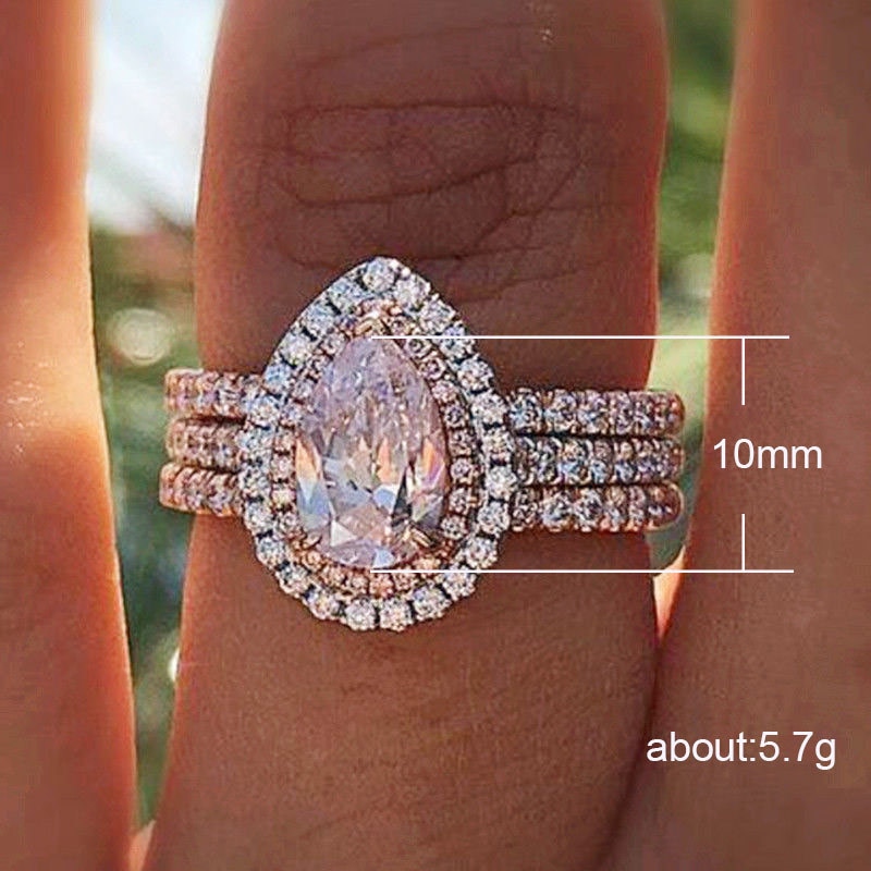Visisap indlagt pink zirkon vand pæreformede ringe til kvinder tre-lags forlovelsesring størrelse 5 to 11 h009
