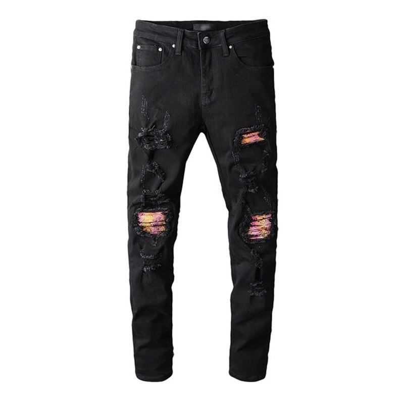 Mænds mænd afslappet pink bandana patchwork biker jeans sorte stretch denim huller revet skinny bukser bukser: 30