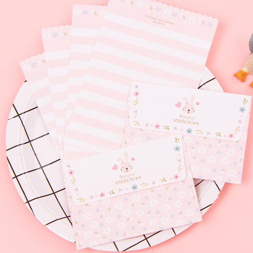 Mini 2Pcs Envelope + 4 Sheets Paper Letter Set Cute Cartoon Rabbit Penguin Envelopes Paper Letter Greeting Card Letter Pad: Rabbit-pink