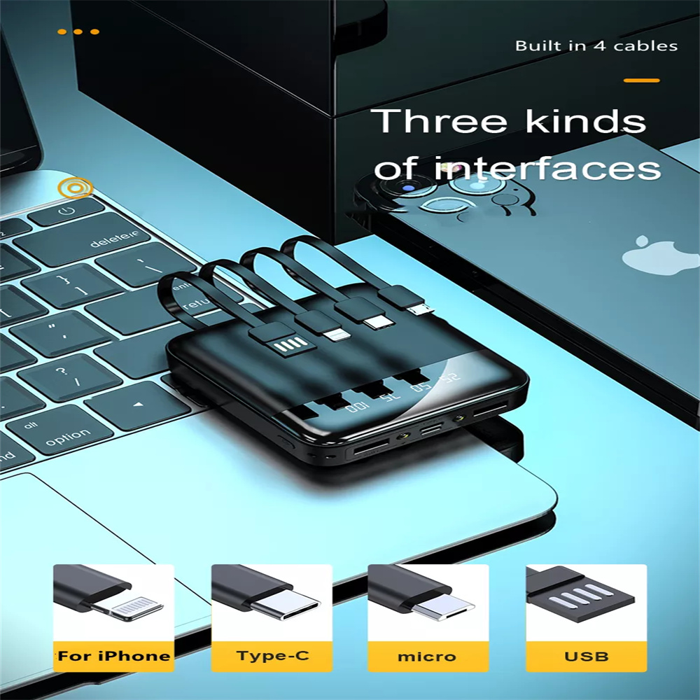 20000Mah Mini Power Bank Met Digitale Display Draagbare Oplader Ingebouwde 4 Kabels Power Bank Externe Batterij Powerbank