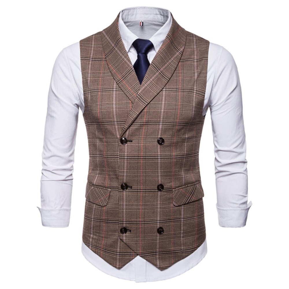 Vests Men Spring and Autumn Men's Checkered Striped Double Breasted Slim Business Casual Suit Waistcoat