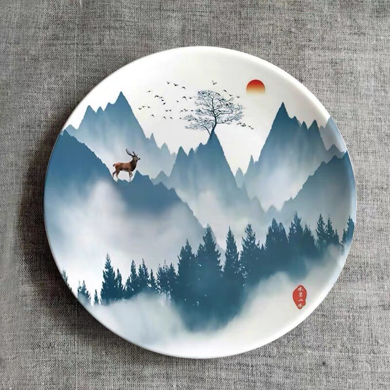 Plato colgante de pared con pintura de paisaje moderno de cerámica, Plato decorativo de porcelana creativa, adornos de decoración de entrada de la casa: B