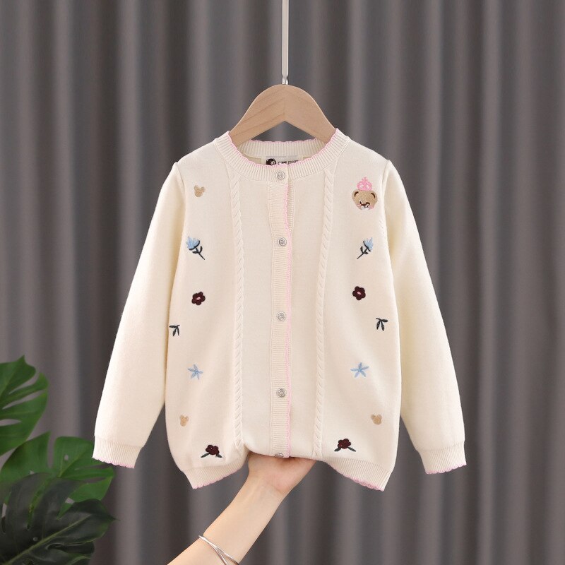 Girls Cardigans Lovely Cartoon Children Cardigans Knit Sweaters 4-14 Years Children Clothing: Beige / 4