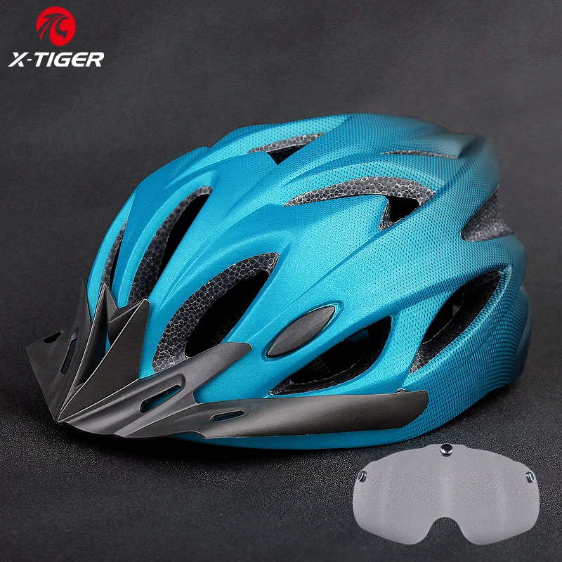 X-TIGER Casco de ciclismo Casco de bicicleta moldeado integralmente Luces LED Casco de bicicleta MTB Sombrero deportivo ultraligero seguro con gafas Visera: Castaño