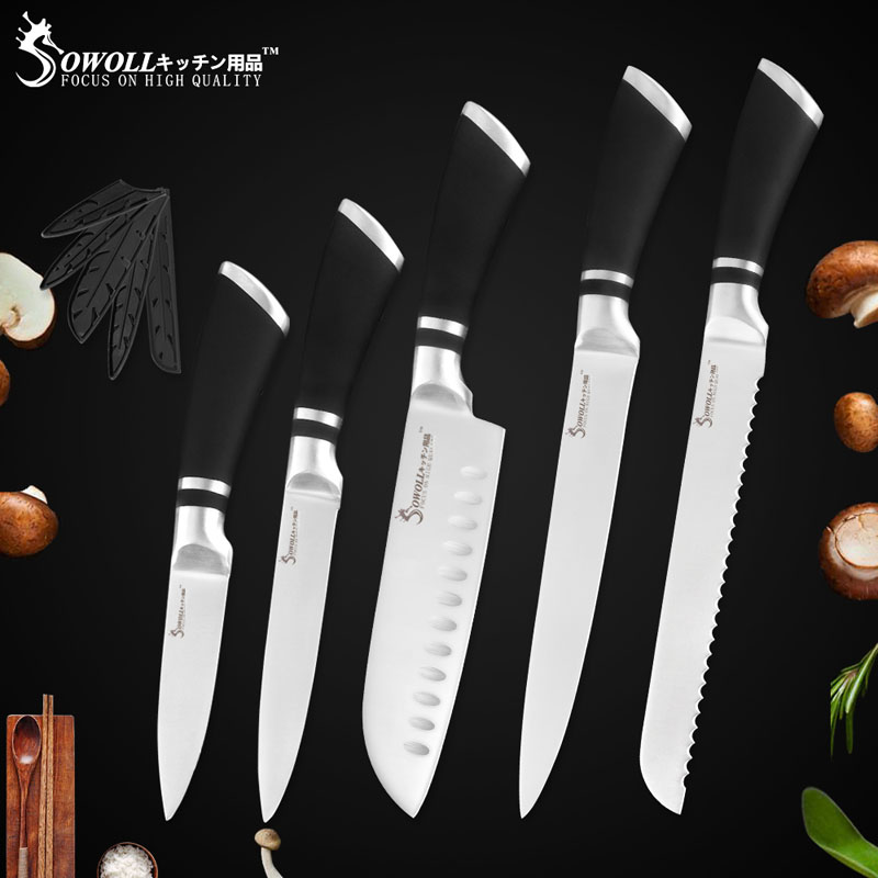 Sowoll 6 stk køkkenknive sæt godt økonomisk rustfrit stål knivsæt kokkebrød udskæring santoku brugsfrugtkniv: 5 stk knivsæt b