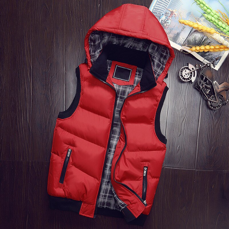 Mode Mouwloze Jas Heren Herfst Winter Vesten Mannelijke Katoen Gevoerde Vesten Mannen Hooded Thicken Vesten Veste Homme: red Waistcoat / M