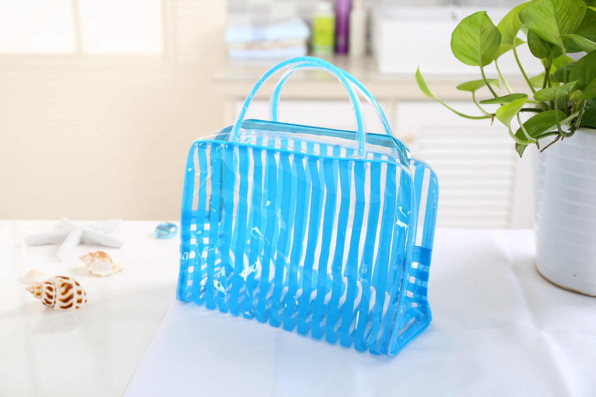 Bolsos transparentes para cosméticos de PVC, bolsa organizadora transparente impermeable para viajes de mujer, estuche de maquillaje de belleza, bolsa de cosméticos de playa: Blue