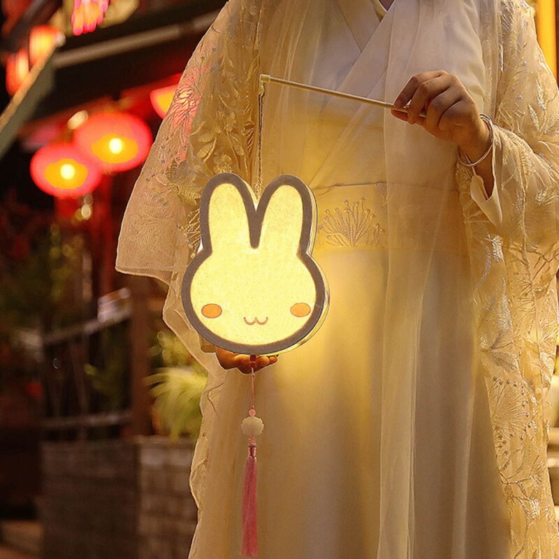 Mid-Autumn Festival DIY Handmade Wooden Lantern Material Package with LED Light Cute Rabbit Shape Hanging Lamp Decor Lantern