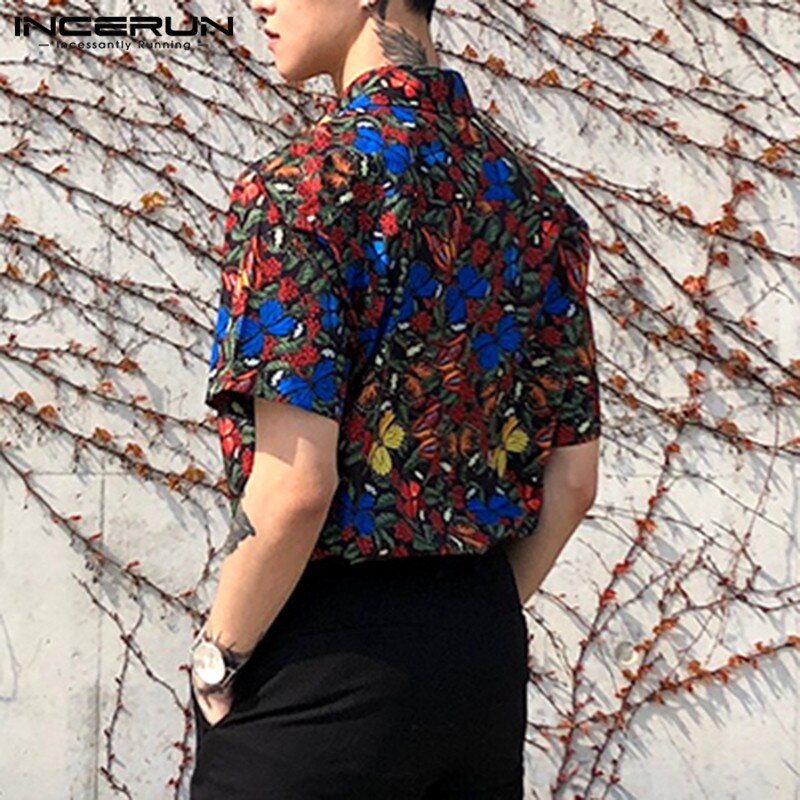 INCERUN homme motif papillon imprimé chemise été hommes manches courtes revers chemises décontractées amples confortable Blusas Hombre hauts 3XL