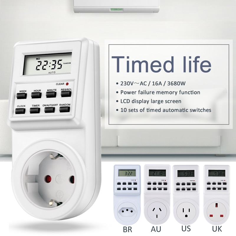 Plug-in Digital Timer Energy Saving Switch EU Plug Kitchen Timer Outlet 230V 50HZ 7 Day 12/24 Hour Programmable Timing Socket