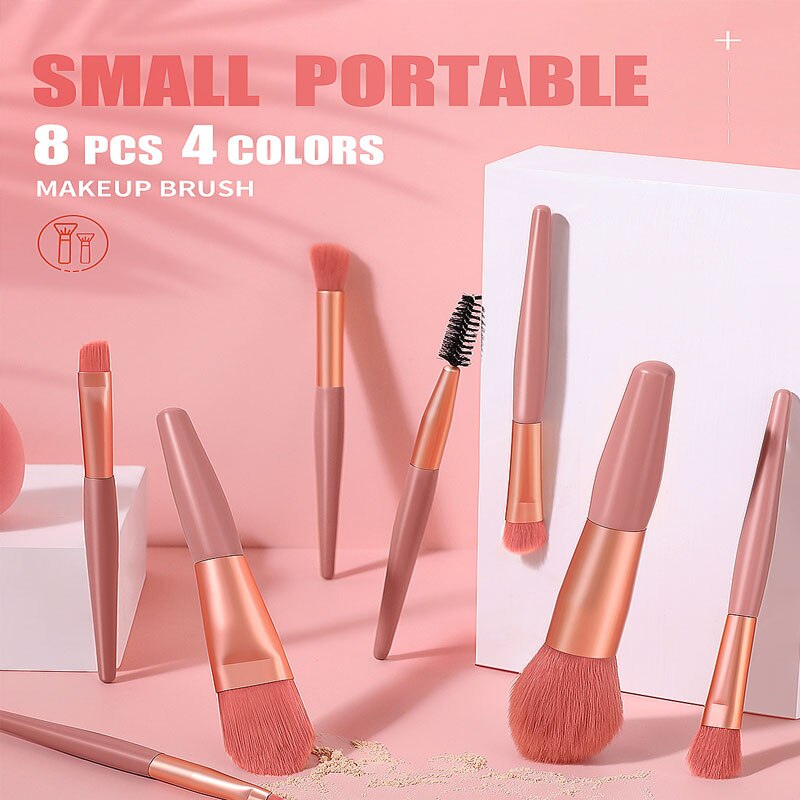 FJER-Mini brochas de maquillaje de viaje, 8 piezas, portátil, corrector suave, herramienta de sombra de ojos, base de belleza, cepillo de rubor para pestañas con bolsa