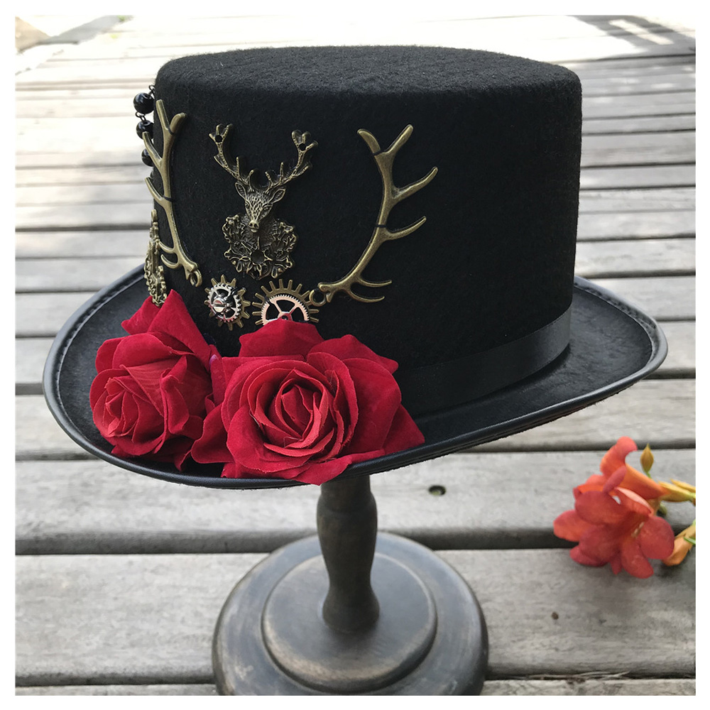 Kvinder håndlavet steampunk top hat med blomster scene magisk hat fest hat størrelse 57cm steampunk hat
