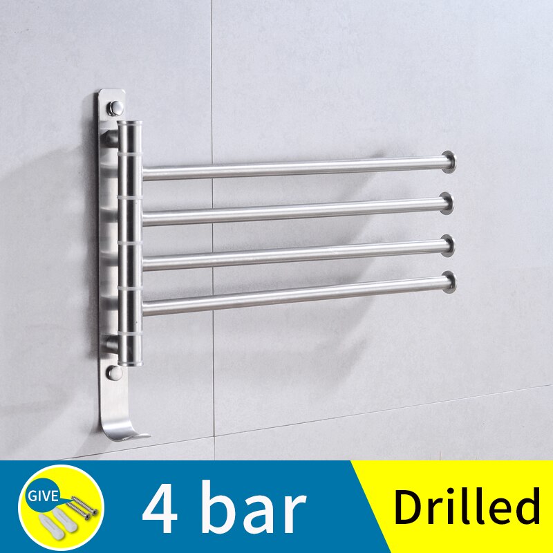 bathroom towel bar stainless steel hanging holder wall mounted glue paste rotating double towel holder rail hanger with hook: B-4bar(drilled)