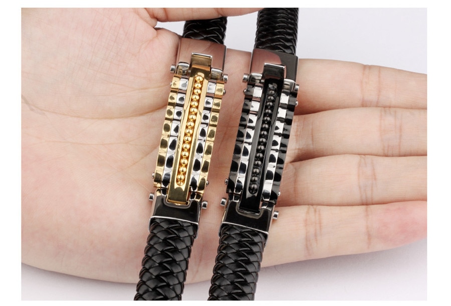 Xqni svart skinn armbånd herre sjarm armbånd rustfritt stål menn smykker rock chunky skinn herre armbånd