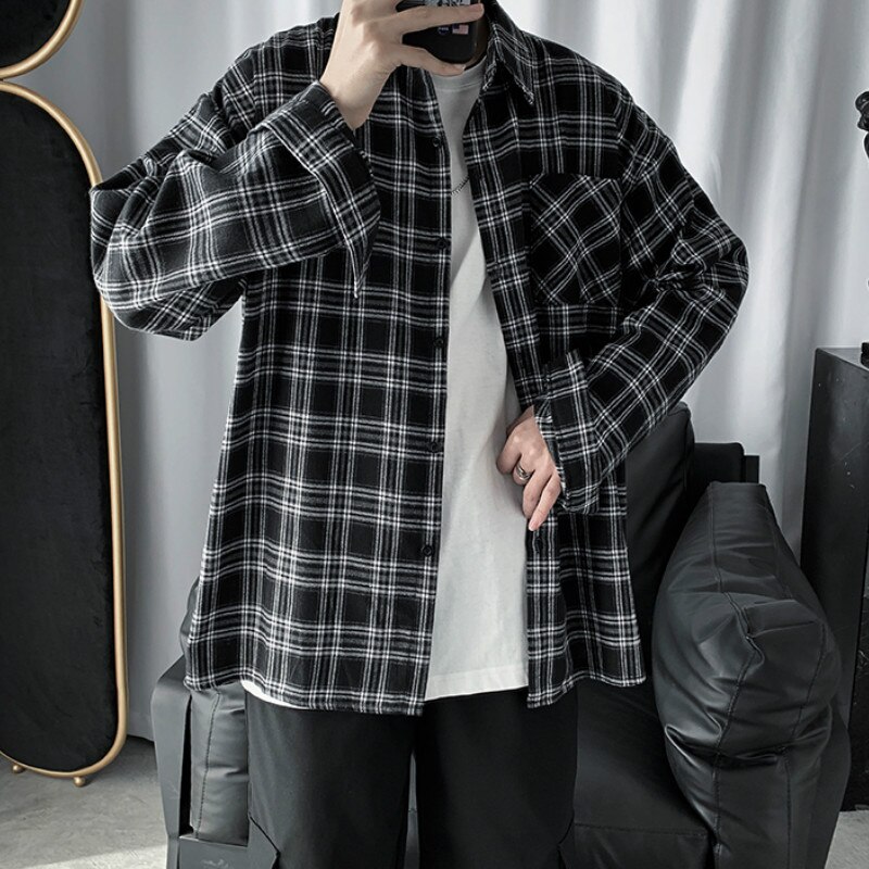 Men Shirts Spring Fall Plaid Baggy Casual Japanese Style Harajuku BF All-match Teens Oversize Outwear Vintage Pocket Streetwear