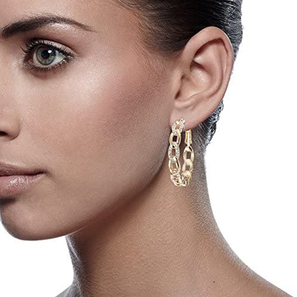 Huitan Stijlvolle Gold Kleur Link Hoop Earring Voor Vrouwen Ingelegd Cz Steen Grote Cirkel Ronde Oorbel Luxe Trendy Sieraden