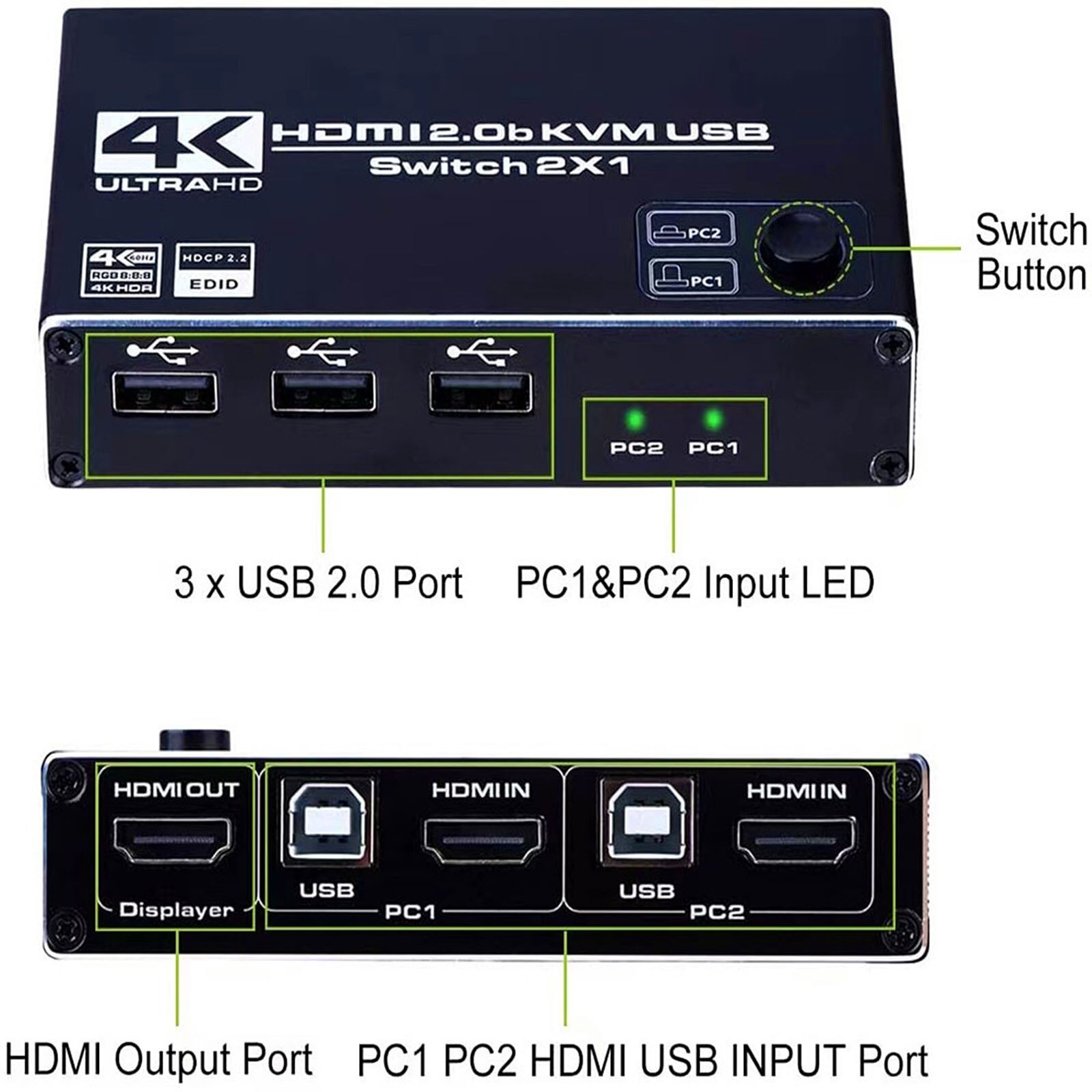 Usb Kvm Switch Usb 2.0 Switcher Toetsenbord Muis Printer Computer Monitor 4K 60Hz Hoge Snelheid 2 Port Usb schakelaar Voor PS4/3 Splitter