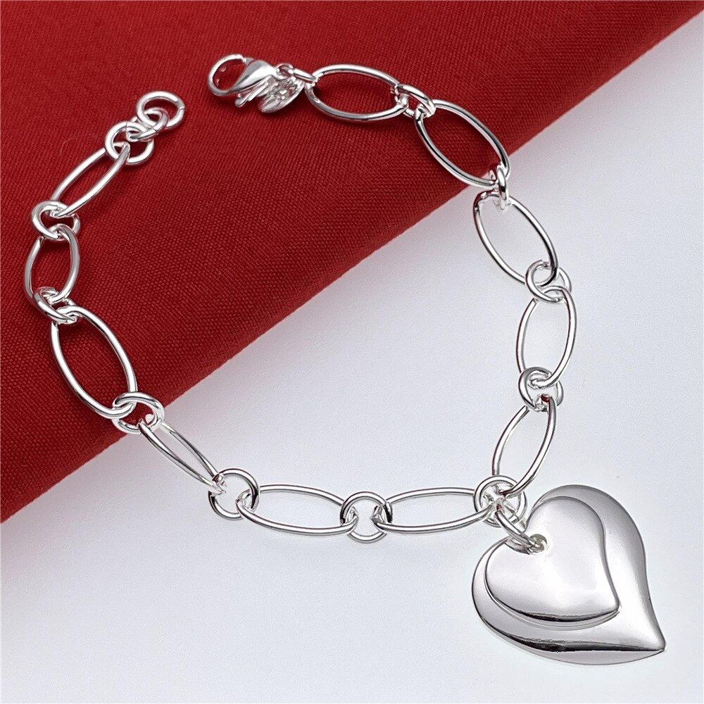 some style Cute 925 silver bracelets charms heart nice for wedding women chain Charm gorgeous jewelry 8inch 20cm: D008