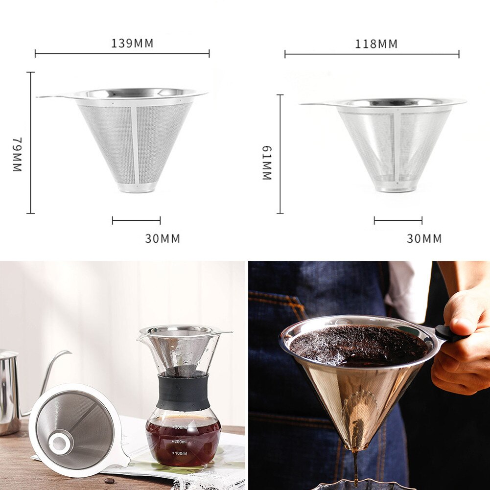 304 Stainless Steel Coffee Filter Reusable Pour Over Cone Dripper Holder Mesh Coffee Baskets Filters