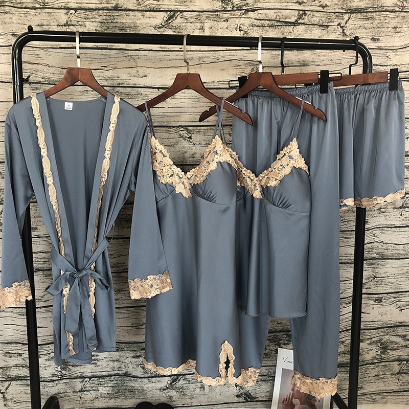 Kvinder satin nattøj 5 stykker pyjamas sexet blonde pyjamas sove lounge pyjamas silke nat hjemmetøj pyjamas jakkesæt