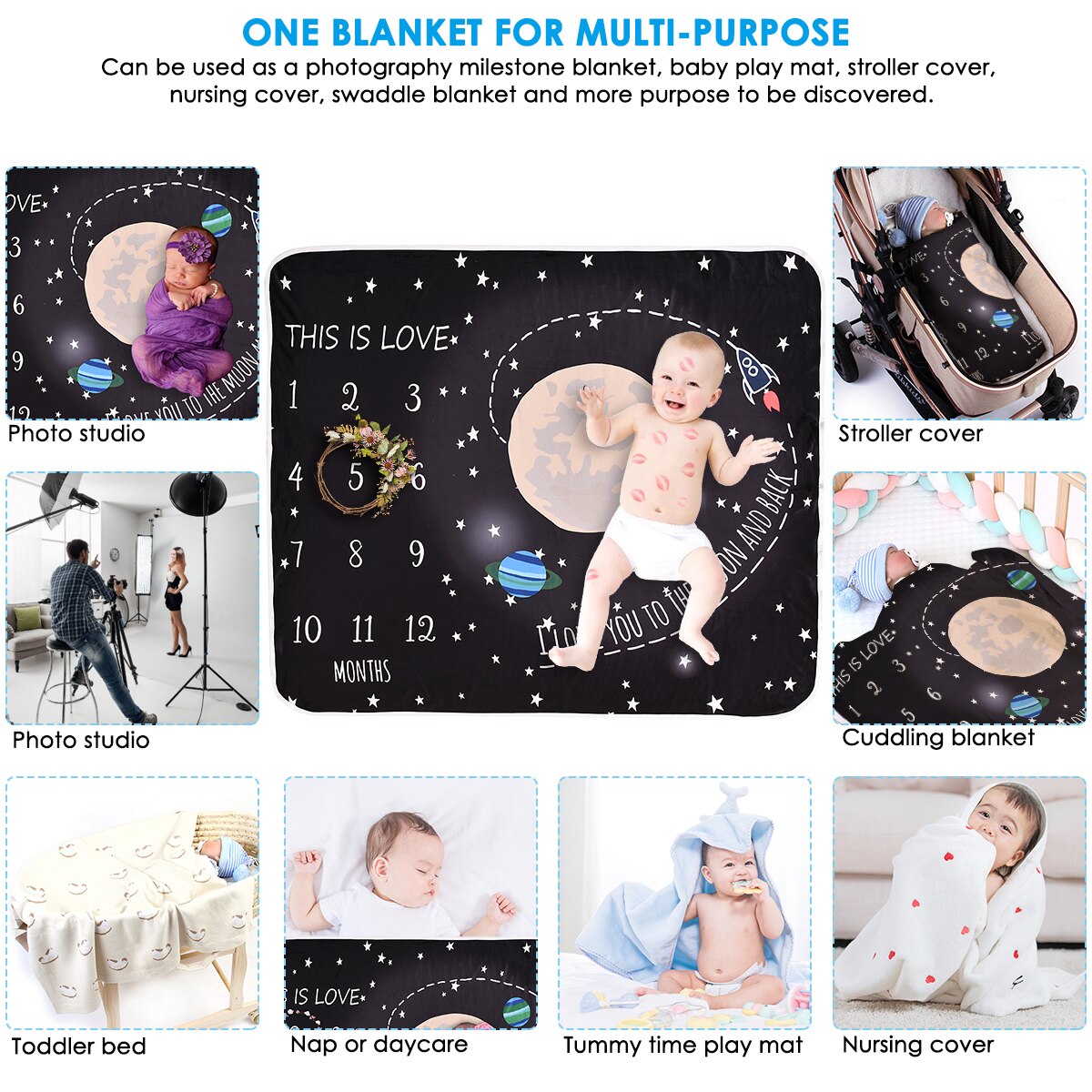 Zwarte Baby Universe Afdrukken Milestone Deken Pasgeboren Inbakeren Wrap Photo Achtergrond Doek Maandelijkse Groei Nummer Fotografie Props