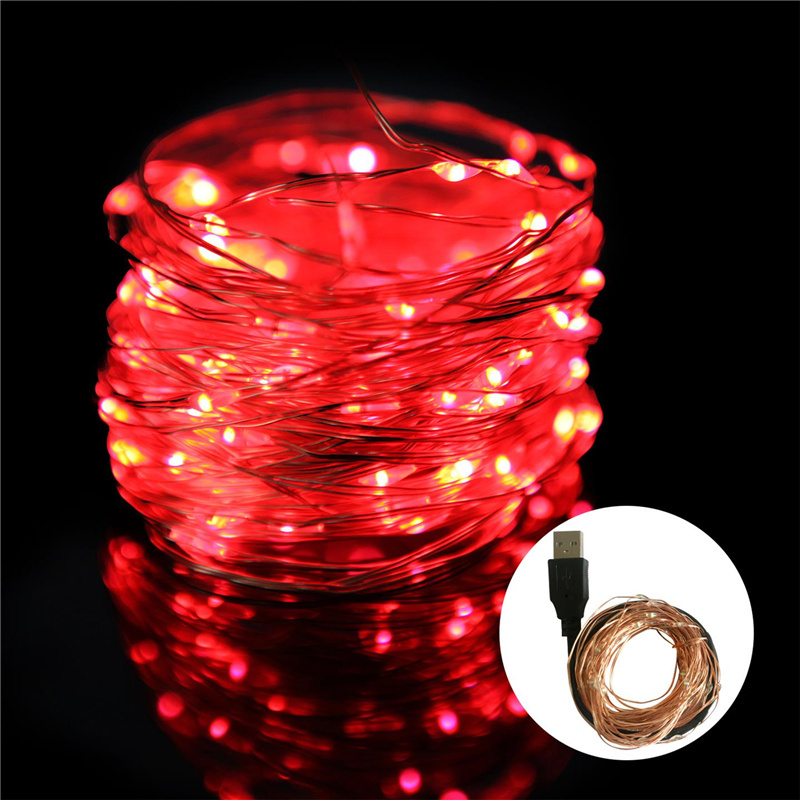 Guirlande lumineuse LED USB en fil de cuivre, guirlande féerique blanche chaude, décoration de maison, noël, mariage, fête de: Rouge / 13W