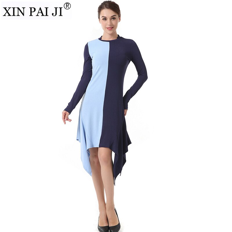 Spring Dress Round Neck Patchwork Color Women Casual Long Sleeve Irregular Slim Knitted Dress