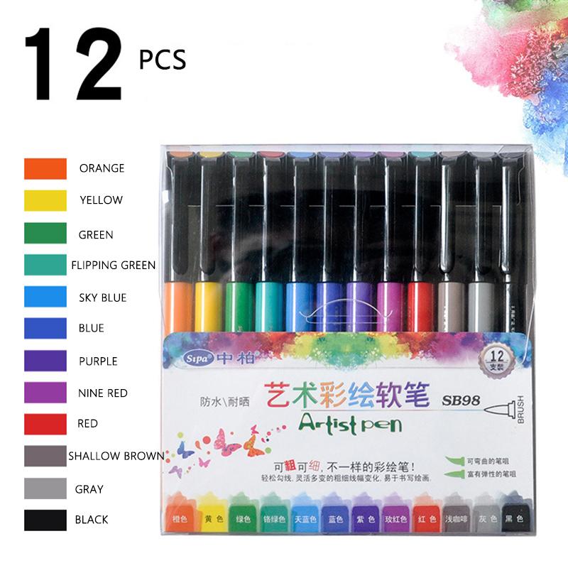 12 Kleur Kunstenaar Water Kleur Pennen Zachte Borstel Tips Waterdicht Voor Tekening Kaart Album Diy Scrawl Calligrahy Schrijven