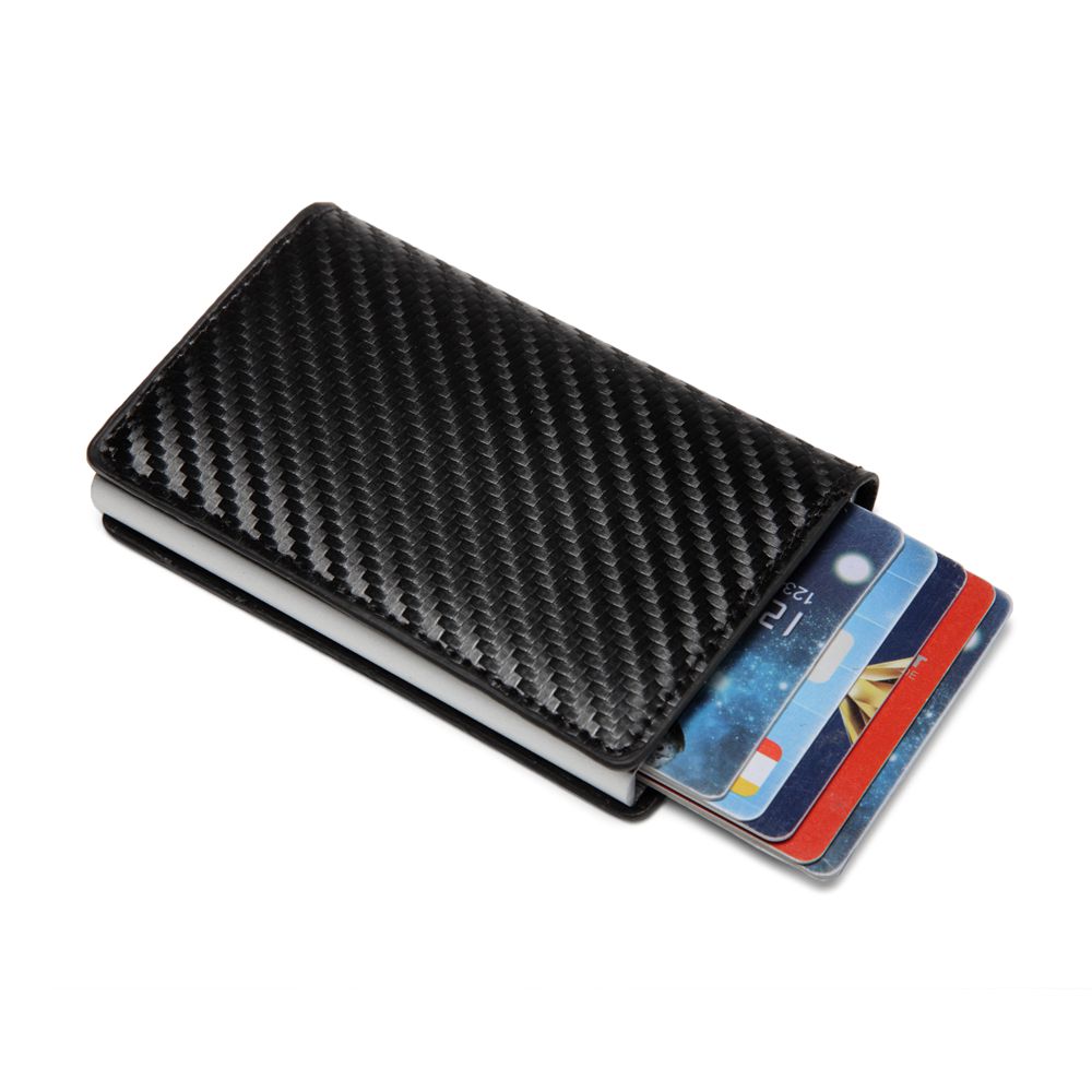 Mænd automatisk kreditkortholder kulfiber læder tegnebog aluminium mini tegnebog med baglomme id-kort rfid blokerende pung