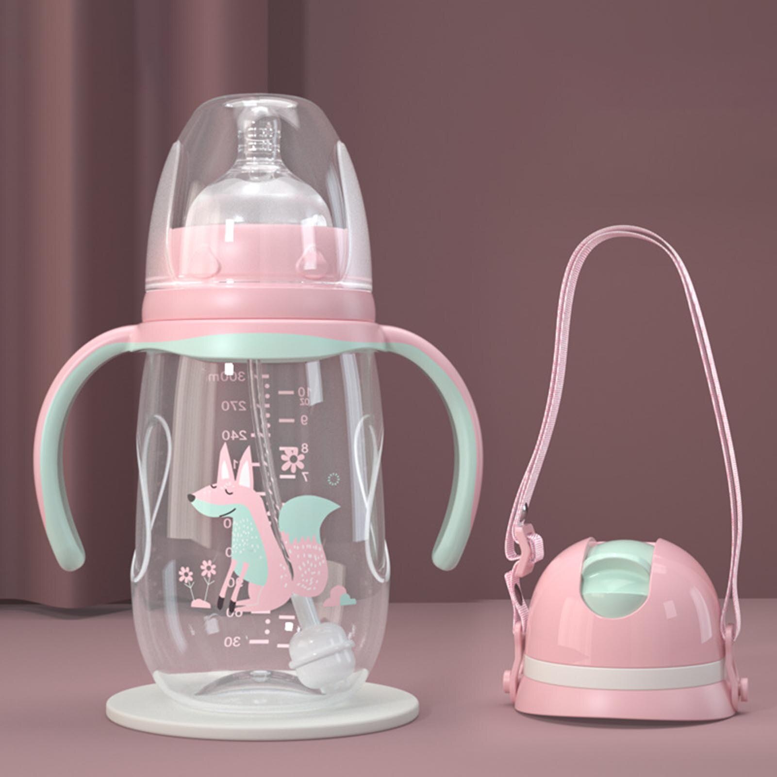 240ml/300ml Infant -proof Baby Wide-caliber Milk Bottle with Straw Handle Cute baby bottles with cartoon designs with Straw