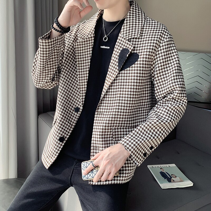 Chaqueta de traje de pata de gallo para hombre, ropa de calle informal holgada, Blazer de Social, abrigo de vestir de negocios que combina con todo, masculina, 2022