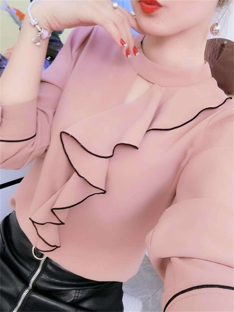 Kvinner vår sommer stil chiffong bluser skjorter dame uformelt langermet volanger dekor stativ krage chiffong blusas topper  df3148: Rosa / M