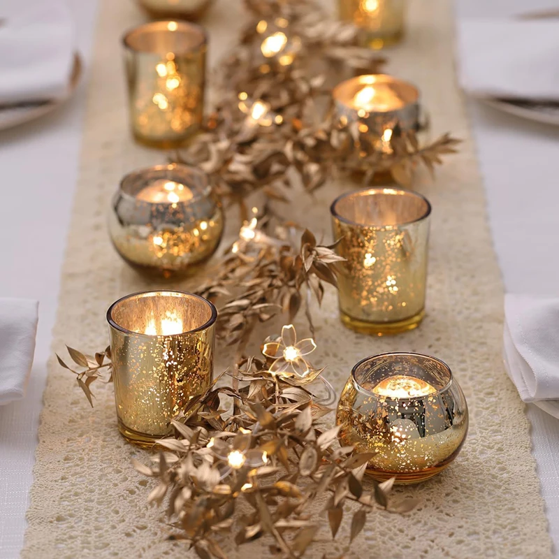Gold Votive Candle Holder 12Pcs Speckled Glass Tealight for Wedding Parties Hotel Cafe Bar Birthday Home Decoration Party