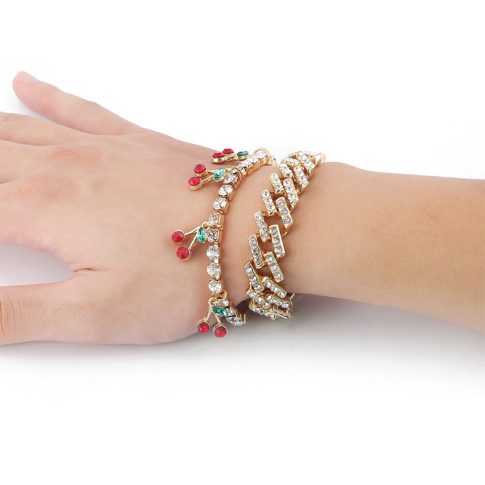 Cuban Link chain Bracelet set Iced Out Rhinestone Cherry Bracelets for Women Luxury wrist chains Crystal Jewelry