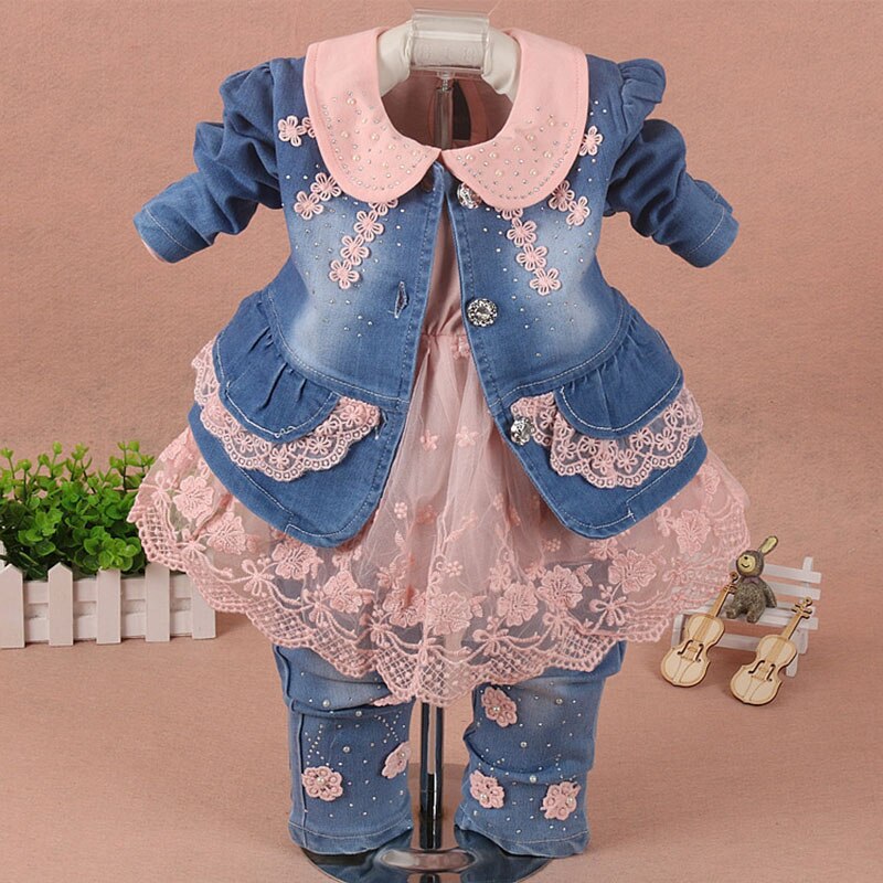 Niños conjunto, ropa de bebé niña 3 piezas traje de chaqueta pantalones de mezclilla otoño primavera ropa jeans para bebé niño chico Rosa kit de bebe: Model A Pink clothes / 3 años