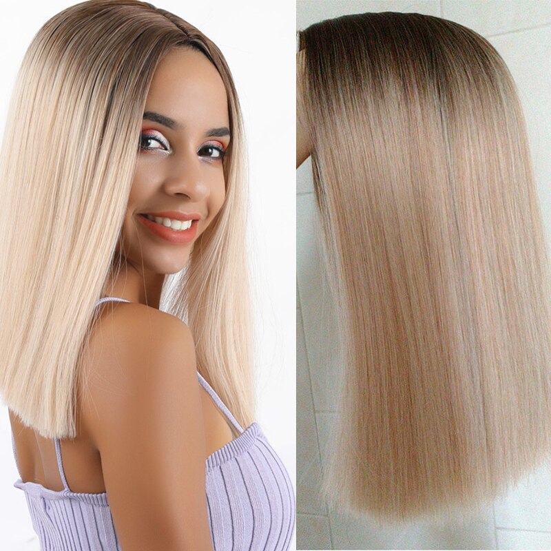 Yndlings syntetisk bob paryk lige sort rød pink blå grå orange farve varmebestandig fiber syntetisk cosplay festhår til kvinder: Bland blond