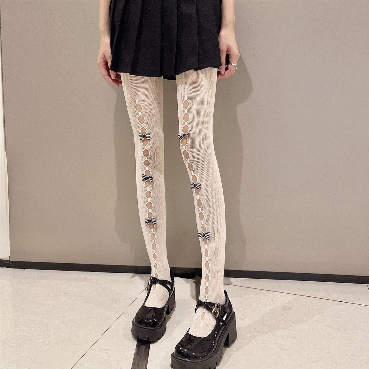 Pantimedias caladas con lazo para mujer, medias finas de encaje, de seda, color blanco y negro, para verano y otoño, novedad de: Plaid White