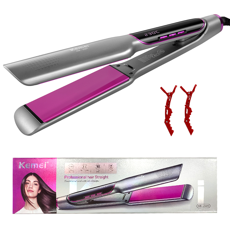 Plancha de pelo KEMEI con pantalla LCD, plancha plana de iones negativos, plancha alisadora de cabello infrarroja, cuidado del cabello para mujer: Rojo