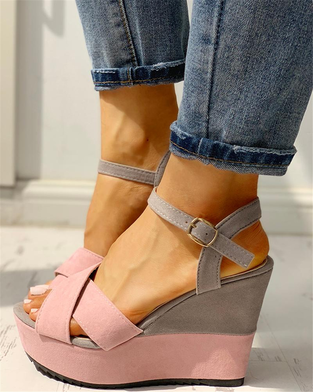 INS ankle-strap Leisure Wedges Women Shoes Summer Sandals Woman patchwork Platform High Heels Shoes Woman: Pink / 9