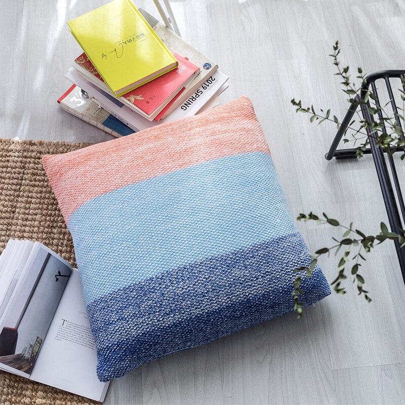 Gebreide Kussenhoes Woondecoratie Regenboog 45X45Cm Vierkante Kussensloop Blauw Roze Nordic Stijl Zachte Katoen Knit