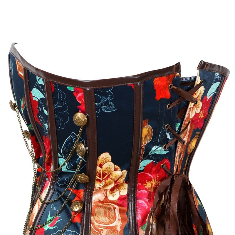 Floral Gothic Women Corset With Chains Slimming Waist Trainer Flower Print Overbust Shapewear Corselet Bustier Lady Shapers