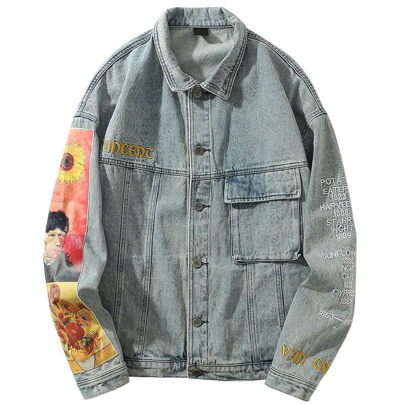 Hip-hop men's denim jacket street clothing embroidered denim denim jacket jacket retro Harajuku casual black denim jacket